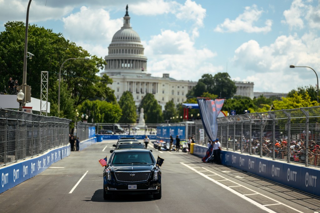 President Donald J. Trump and First Lady Melania Trump take a ceremonial lap in the motorcade during the Freedom 250 Grand Prix Race in Washington, D.C., Sunday, August 23, 2026. (Official White House Photo by Daniel Torok)