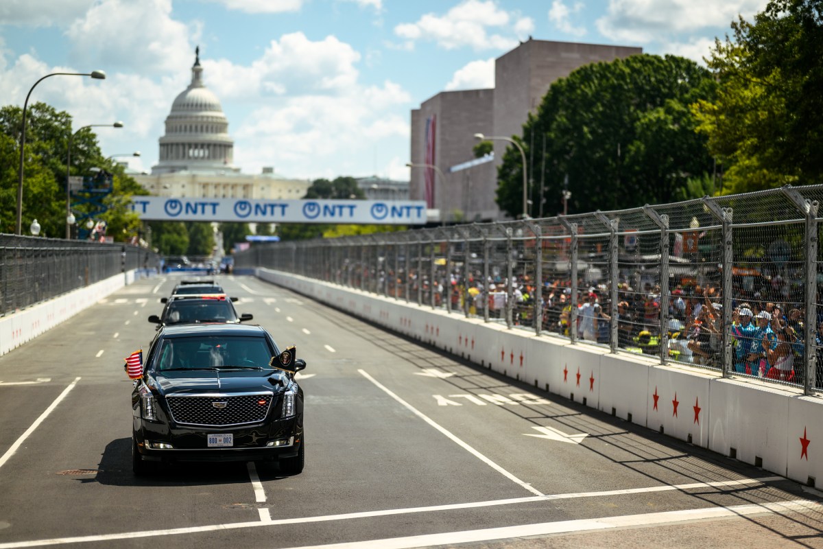 President Donald J. Trump and First Lady Melania Trump take a ceremonial lap in the motorcade during the Freedom 250 Grand Prix Race in Washington, D.C., Sunday, August 23, 2026. (Official White House Photo by Daniel Torok)