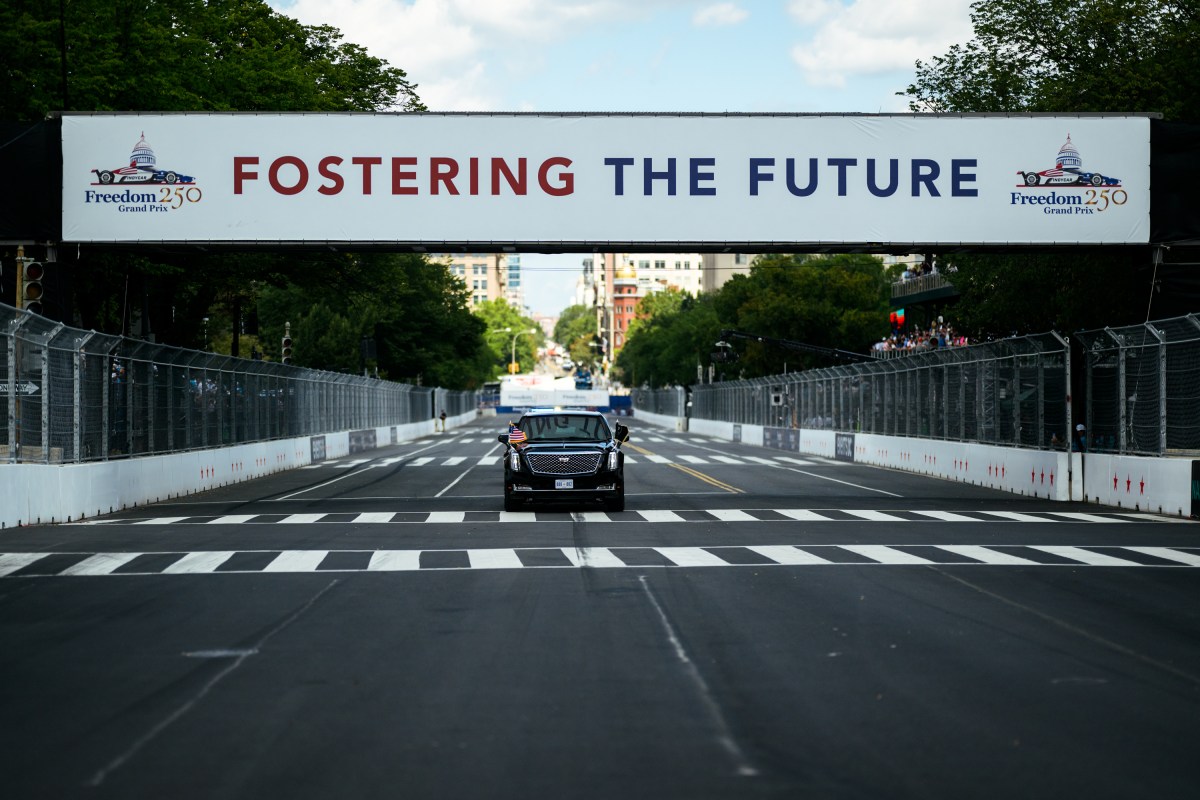 President Donald J. Trump and First Lady Melania Trump take a ceremonial lap in the motorcade during the Freedom 250 Grand Prix Race in Washington, D.C., Sunday, August 23, 2026. (Official White House Photo by Daniel Torok)
