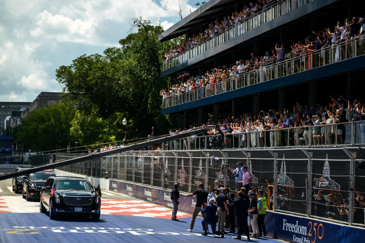 President Donald J. Trump and First Lady Melania Trump take a ceremonial lap in the motorcade during the Freedom 250 Grand Prix Race in Washington, D.C., Sunday, August 23, 2026. (Official White House Photo by Daniel Torok)