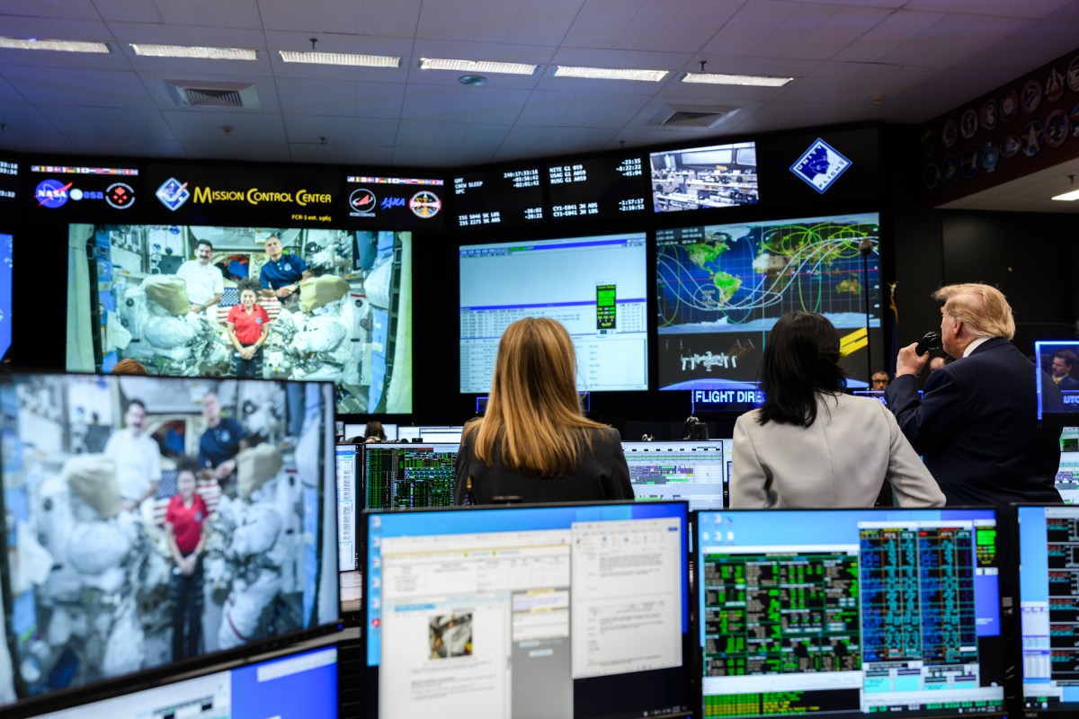 President Donald J. Trump calls the International Space Station from NASA Mission Control Center at the NASA Johnson Space Center, Friday, August 28, 2026, in Houston, Texas. (Official White House Photo by Daniel Torok)