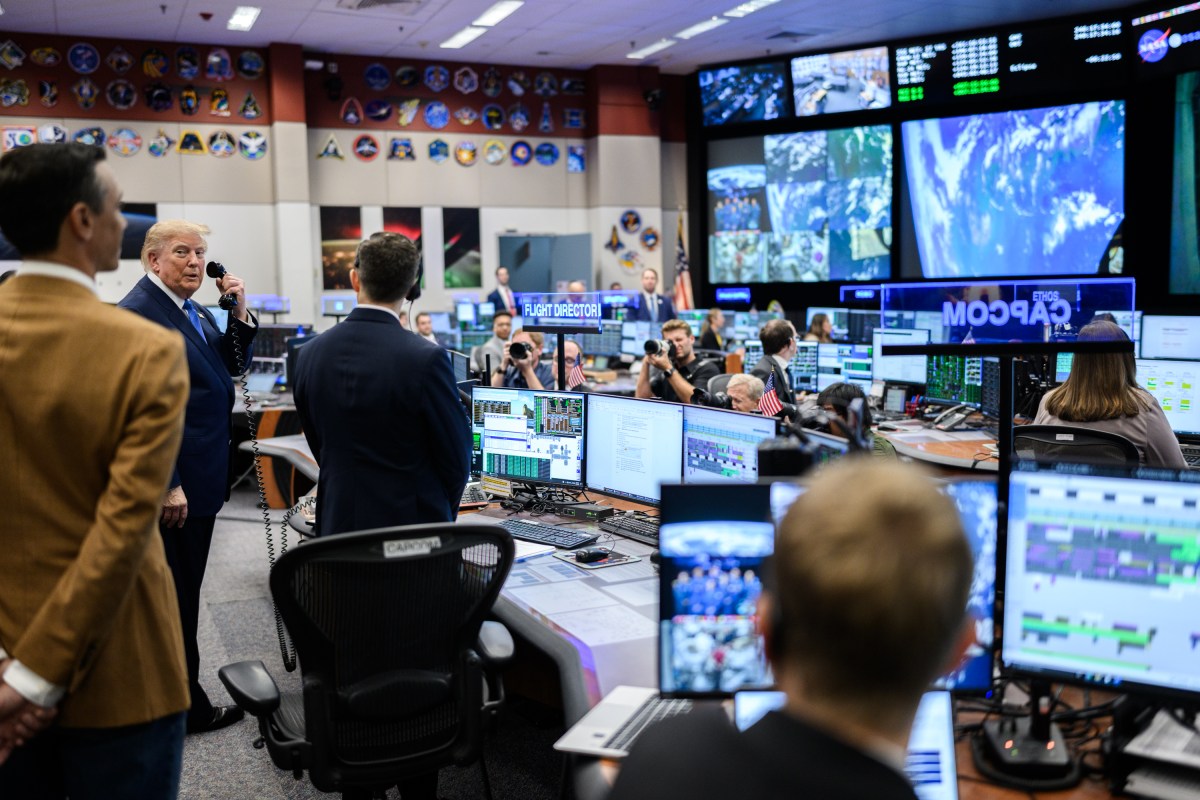 President Donald J. Trump calls the International Space Station from NASA Mission Control Center at the NASA Johnson Space Center, Friday, August 28, 2026, in Houston, Texas. (Official White House Photo by Daniel Torok)
