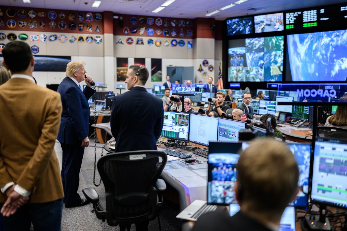 President Donald J. Trump calls the International Space Station from NASA Mission Control Center at the NASA Johnson Space Center, Friday, August 28, 2026, in Houston, Texas. (Official White House Photo by Daniel Torok)