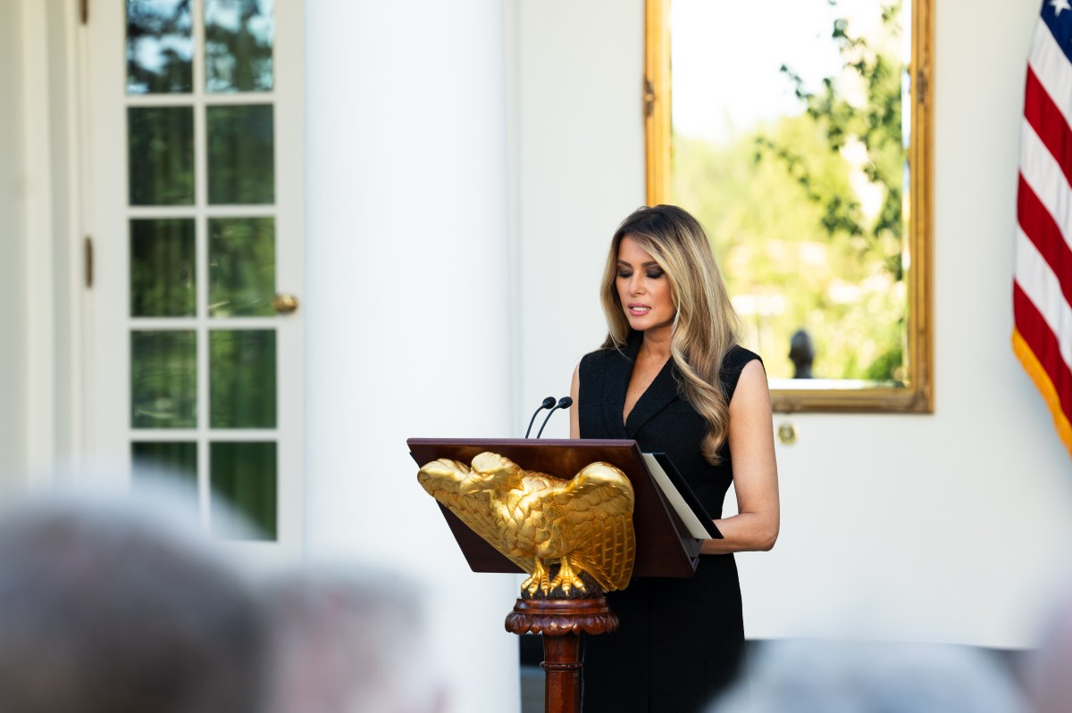 First Lady Melania Trump delivers remarks at the White House Historical Association Presidential Sites Summit in the Rose Garden, Wednesday, September, 9, 2026, at the White House. (Official White House Photo by Andrea Hanks)