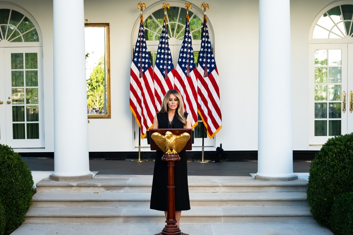 First Lady Melania Trump delivers remarks at the White House Historical Association Presidential Sites Summit in the Rose Garden, Wednesday, September, 9, 2026, at the White House. (Official White House Photo by Andrea Hanks)