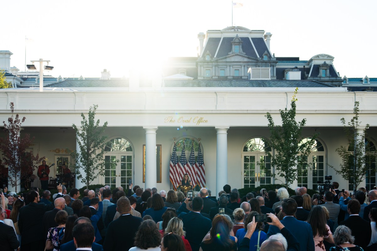 First Lady Melania Trump delivers remarks at the White House Historical Association Presidential Sites Summit in the Rose Garden, Wednesday, September, 9, 2026, at the White House. (Official White House Photo by Cody Hendrix)