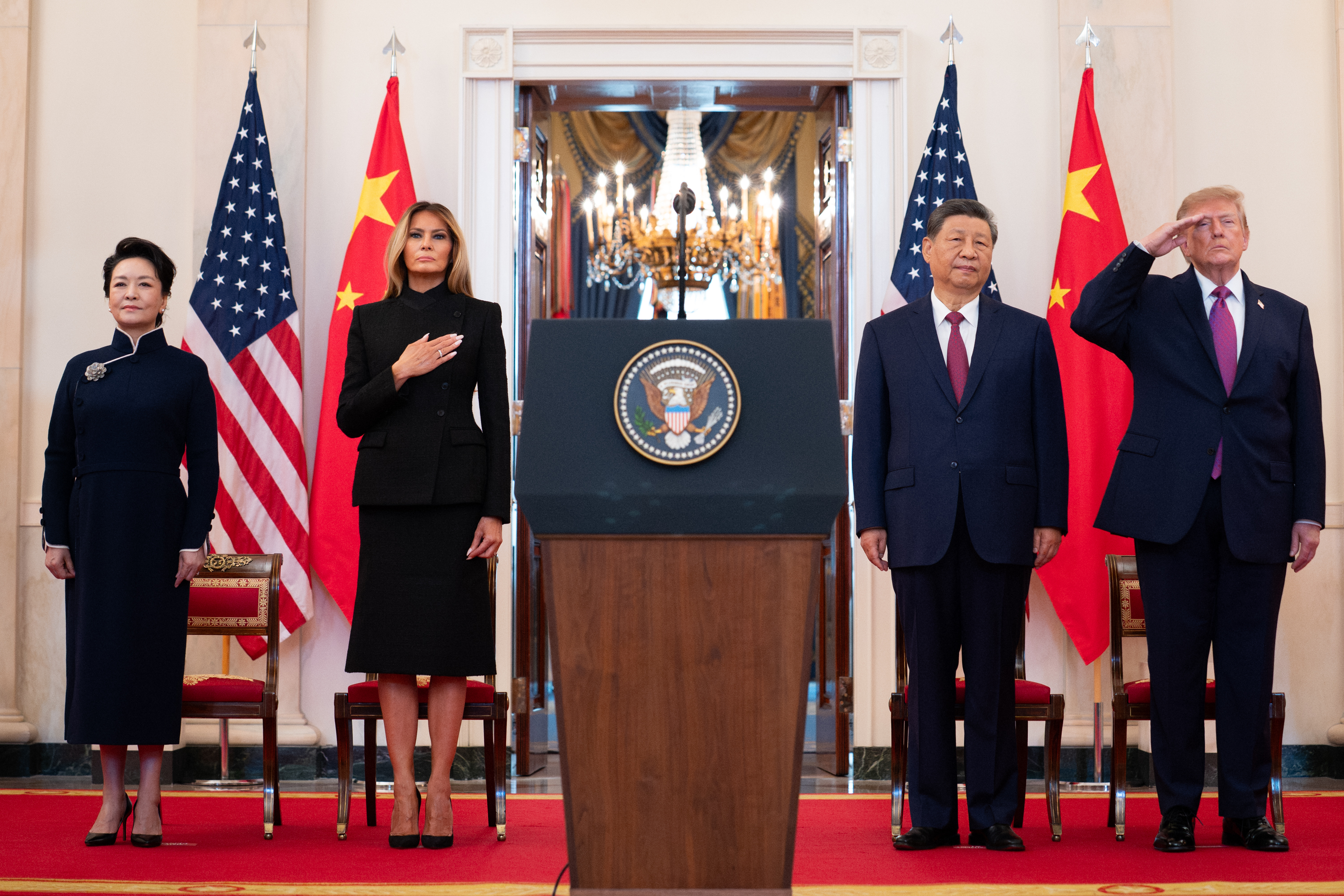 President Donald J. Trump and First Lady Melania Trump greet President Xi Jinping of China and First Lady Peng Liyuan at the South Portico during a State Arrival ceremony, Thursday, September 24, 2026. (Official White House Photo by Andrea Hanks)