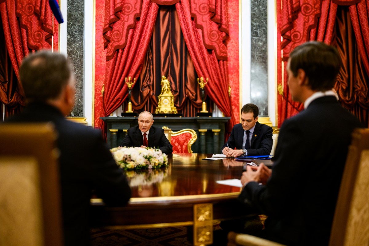 U.S. Special Envoy Steve Witkoff and Jared Kushner meet with Russian President Vladimir Putin in the Red Drawing Room at the Kremlin in Moscow, Russia, Saturday, September 5, 2026, to continue dialogue to end the Russia-Ukraine War. (Official White House Photo by Daniel Torok)