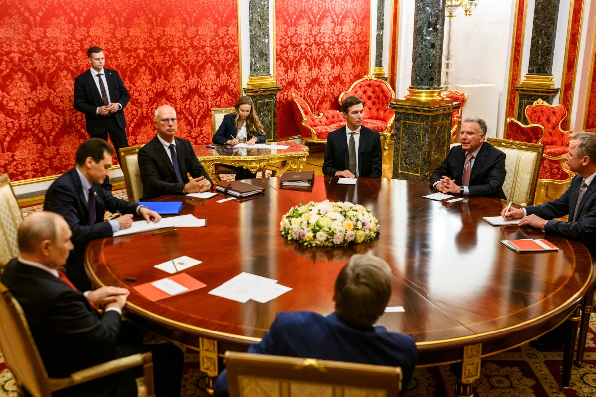 U.S. Special Envoy Steve Witkoff and Jared Kushner meet with Russian President Vladimir Putin in the Red Drawing Room at the Kremlin in Moscow, Russia, Saturday, September 5, 2026, to continue dialogue to end the Russia-Ukraine War. (Official White House Photo by Daniel Torok)