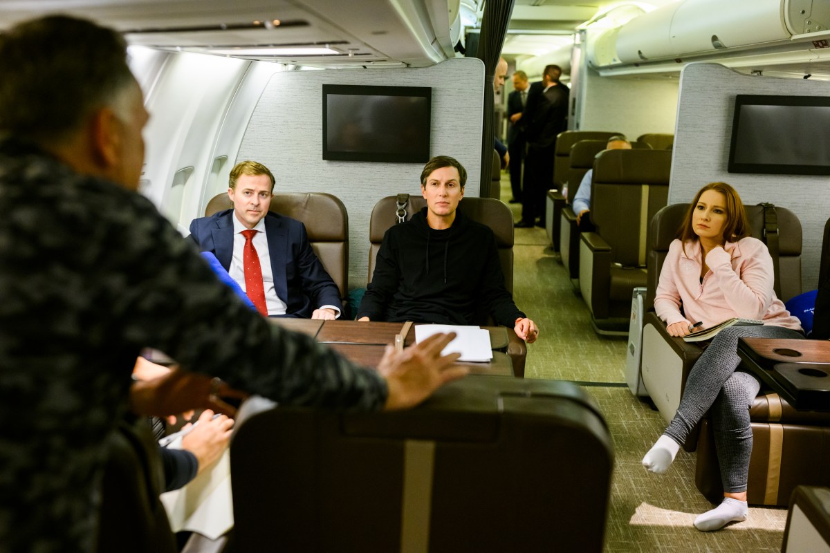 U.S. Special Envoy Steve Witkoff and Jared Kushner speak with colleagues on board an an Air Force Boeing C-32A after meeting with Russian President Vladimir in Moscow, Russia, en route to Rzeszów Jasionka Airport, in Jasionka, Poland, Saturday, September 5, 2026. (Official White House Photo by Daniel Torok)