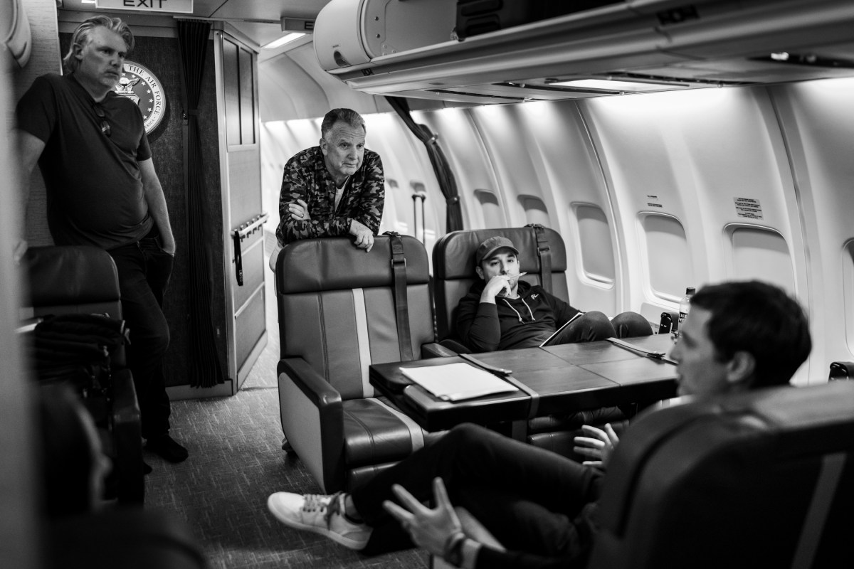 U.S. Special Envoy Steve Witkoff and Jared Kushner speak with colleagues on board an an Air Force Boeing C-32A after meeting with Russian President Vladimir in Moscow, Russia, en route to Rzeszów Jasionka Airport, in Jasionka, Poland, Sunday, September 6, 2026. (Official White House Photo by Daniel Torok)