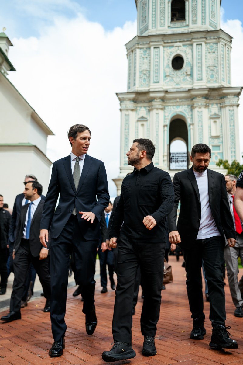 U.S. Special Envoy Steve Witkoff and Jared Kushner are greeted by Ukrainian President Volodymyr Zelenskyy in St. Sophia Square in Kyiv, Ukraine, Sunday, September 6, 2026, following talks with Russian President Vladimir Putin in Moscow, Russia. (Official White House Photo by Daniel Torok)