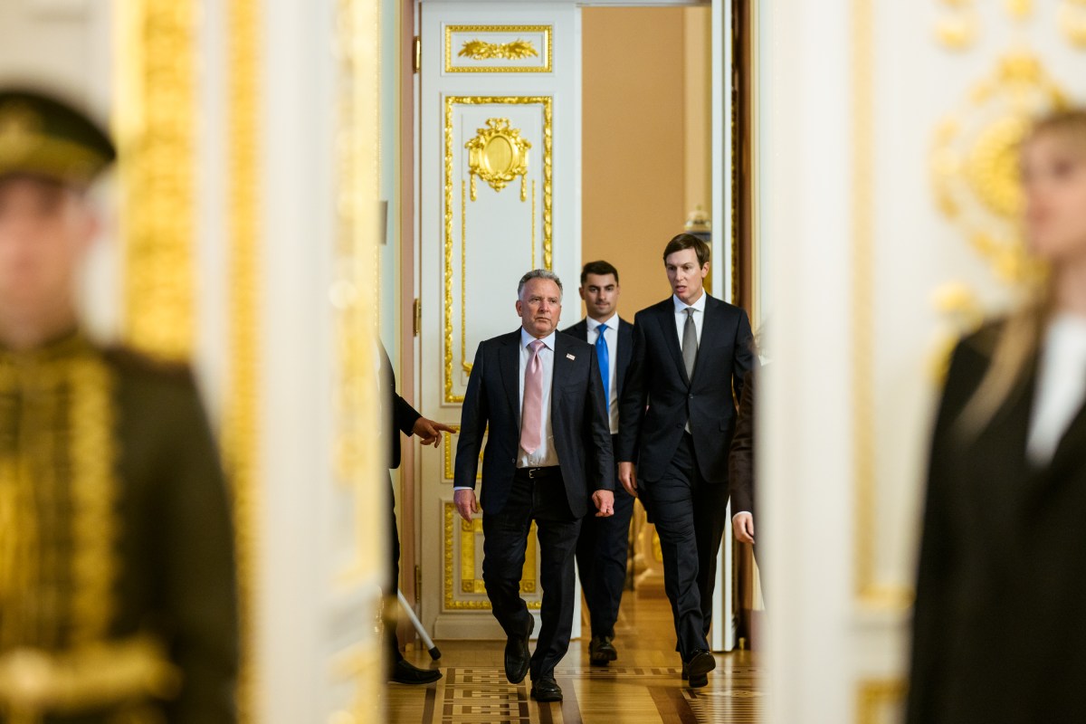 U.S. Special Envoy Steve Witkoff and Jared Kushner meet with Ukrainian President Volodymyr Zelenskyy at Mariinsky Palace in Kyiv, Ukraine, Sunday, September 6, 2026, to continue dialogue to end the Russia-Ukraine War. (Official White House Photo by Daniel Torok)