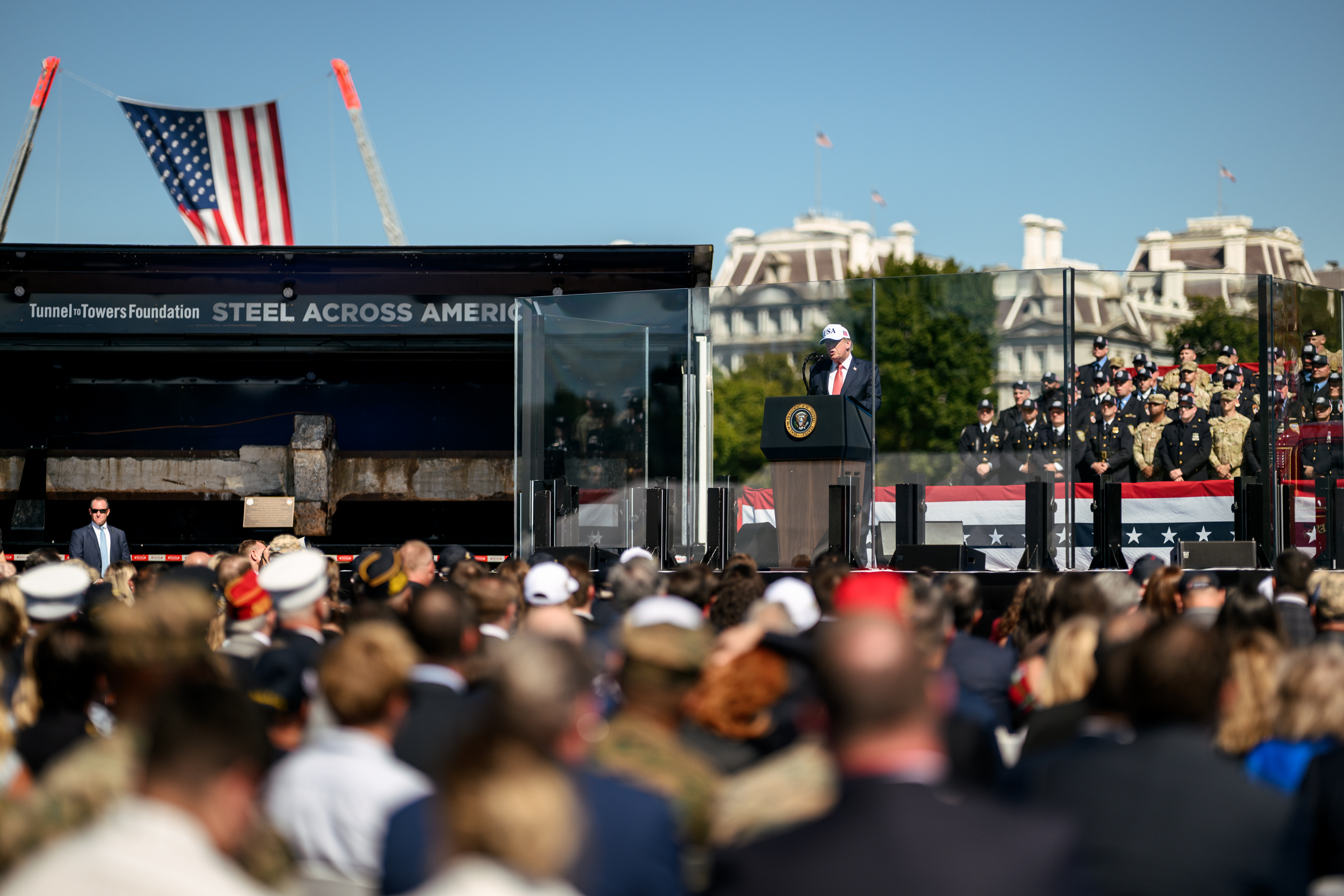 President Donald J. Trump participates in a Steel Across America event commemorating the 25th anniversary of the September 11 terrorist attacks, Tuesday, September 8, 2026, on the Ellipse in Washington, D.C. (Official White House Photo by Daniel Torok)