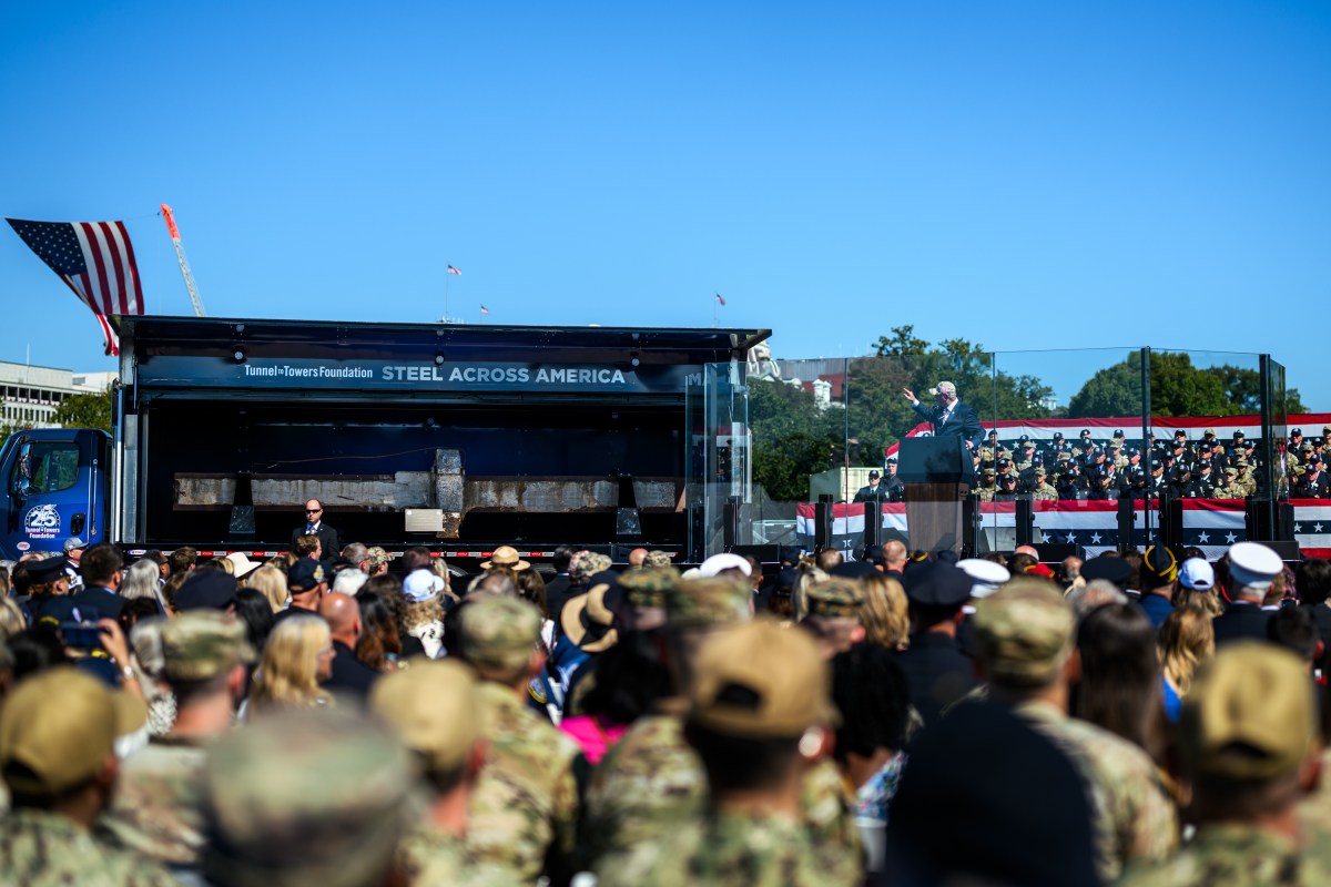 President Donald J. Trump participates in a Steel Across America event commemorating the 25th anniversary of the September 11 terrorist attacks, Tuesday, September 8, 2026, on the Ellipse in Washington, D.C. (Official White House Photo by Molly Riley)