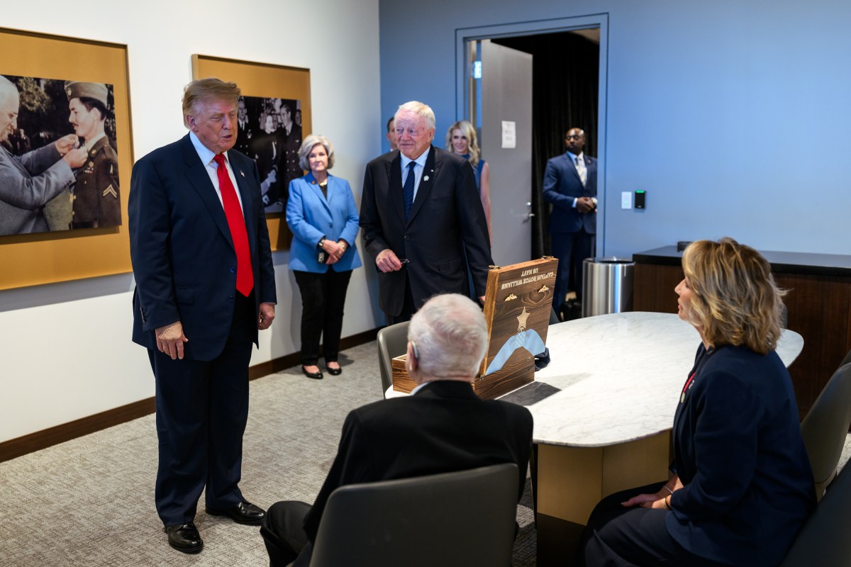 President Donald J. Trump is presented with a gift by Medal of Honor recipient Captain Royce Williams at the National Medal of Honor Museum in Arlington, Texas, Thursday, September 10, 2026. (Official White House Photo by Daniel Torok)
