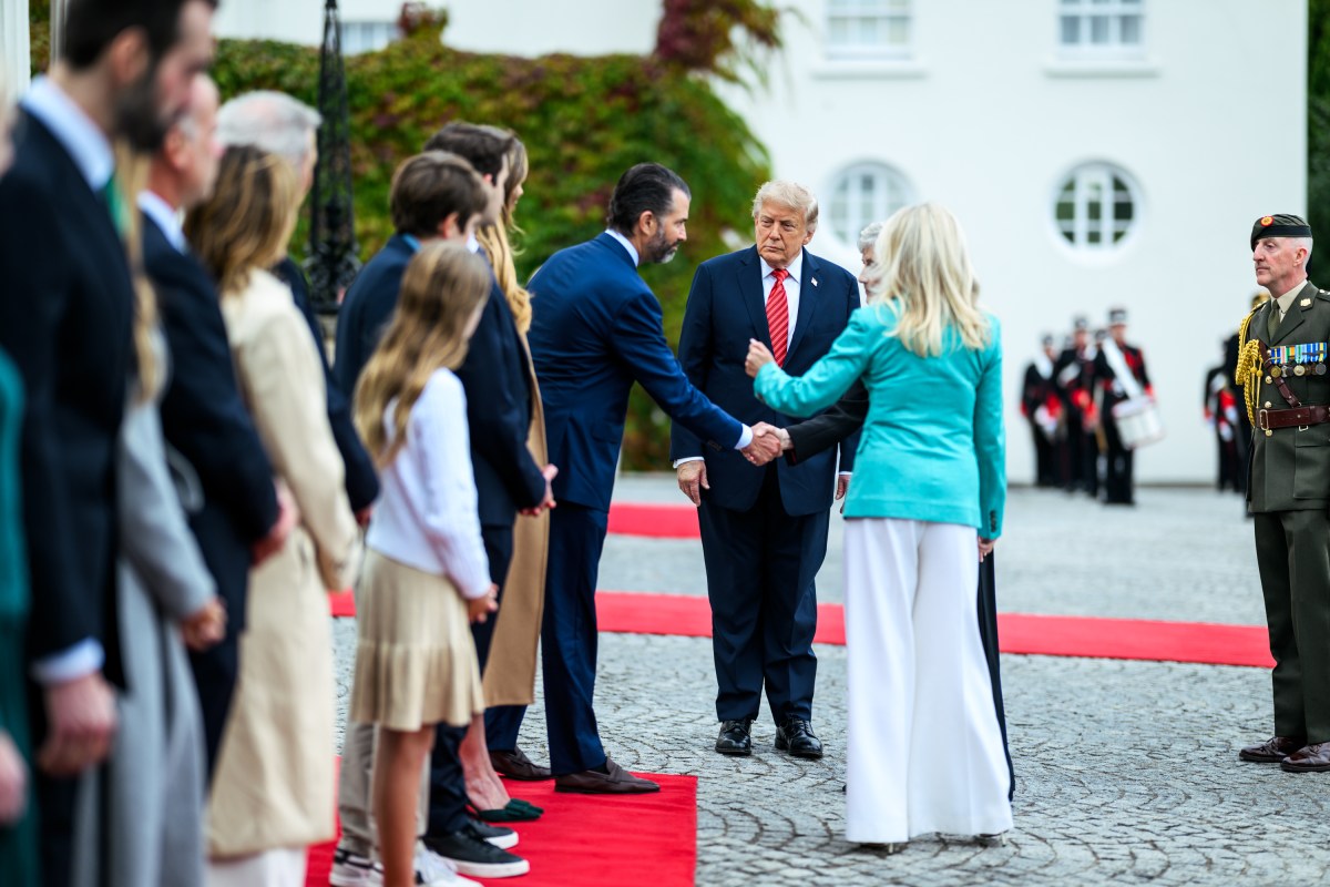 U.S. President Donald J. Trump and Ireland’s President Catherine Connolly greet members of the U.S. and Irish delegations during an arrival ceremony at Aras An Uachtarai, the official residence of the president of Ireland, Saturday, September 12, 2026, in Dublin. (Official White House Photo by Daniel Torok)