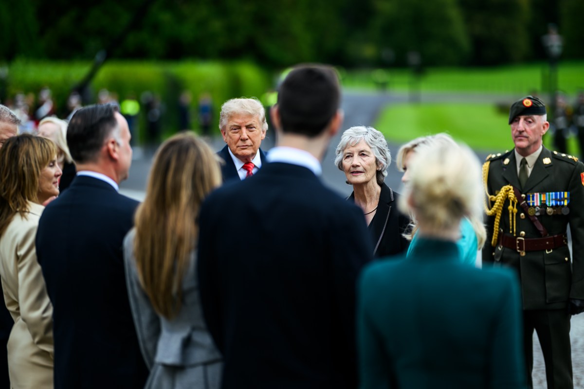 U.S. President Donald J. Trump and Ireland’s President Catherine Connolly greet members of the U.S. and Irish delegations during an arrival ceremony at Aras An Uachtarai, the official residence of the president of Ireland, Saturday, September 12, 2026, in Dublin. (Official White House Photo by Daniel Torok)