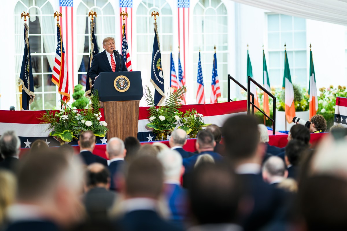 President Donald J. Trump delivers remarks to business leaders and embassy personnel at Deerfield Residence, the official residence of the U.S. Ambassador to Ireland, Saturday, September 12, 2026, in Dublin. (Official White House Photo by Daniel Torok)