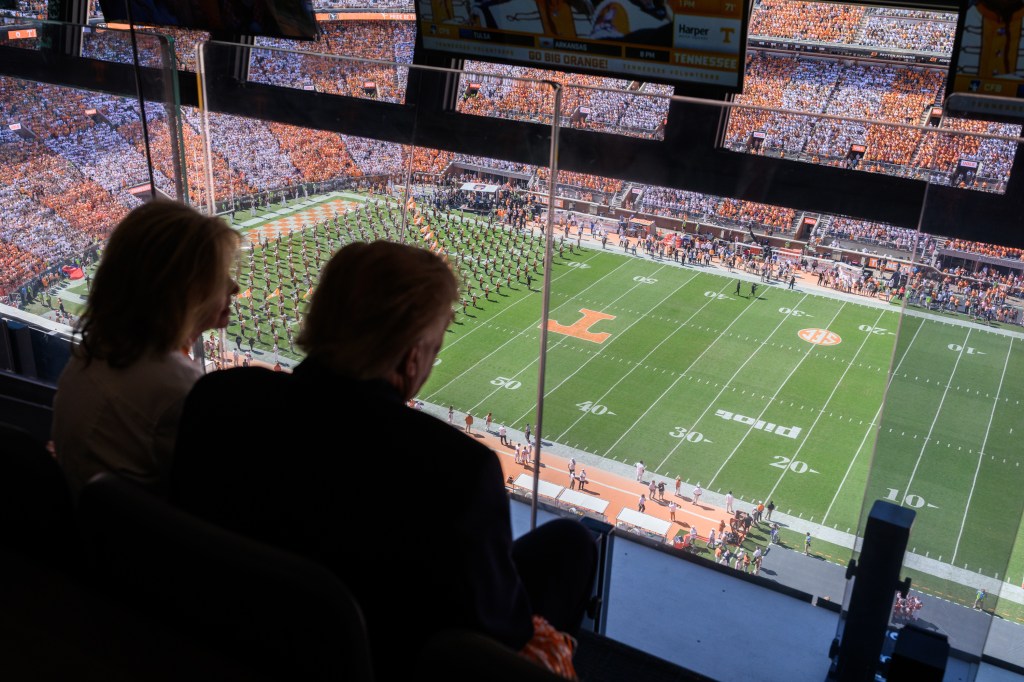 President Donald J. Trump speaks with Sen. Marsha Blackburn at Neyland Stadium in Knoxville, Tennessee, as he attends the NCAA football game between the Texas Longhorns and the Tennessee Volunteers, Saturday, September 26, 2026. (Official White House Photo by Daniel Torok)