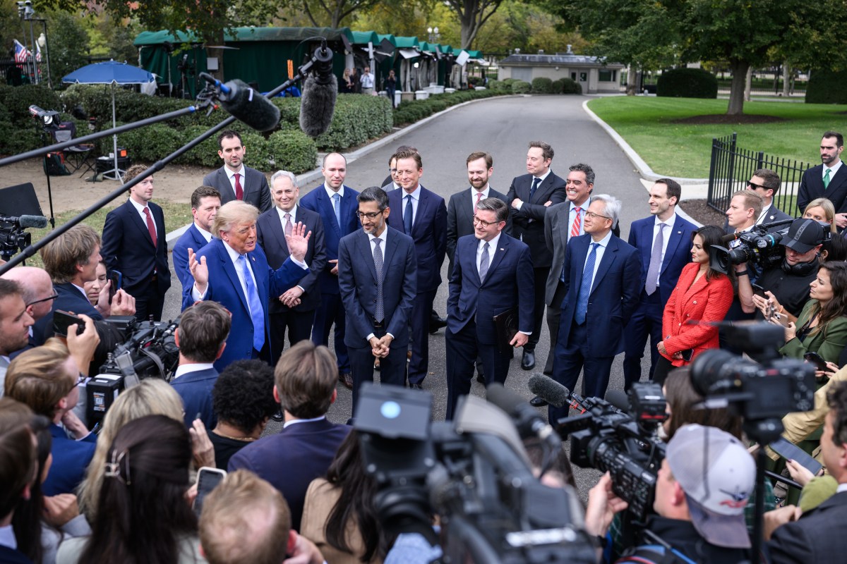 President Donald J. Trump speaks to the press with tech CEO’s outside of the West Wing Lobby, Tuesday, September 29, 2026, following a luncheon on Super Intelligence (AI). (Official White House Photo by Molly Riley)