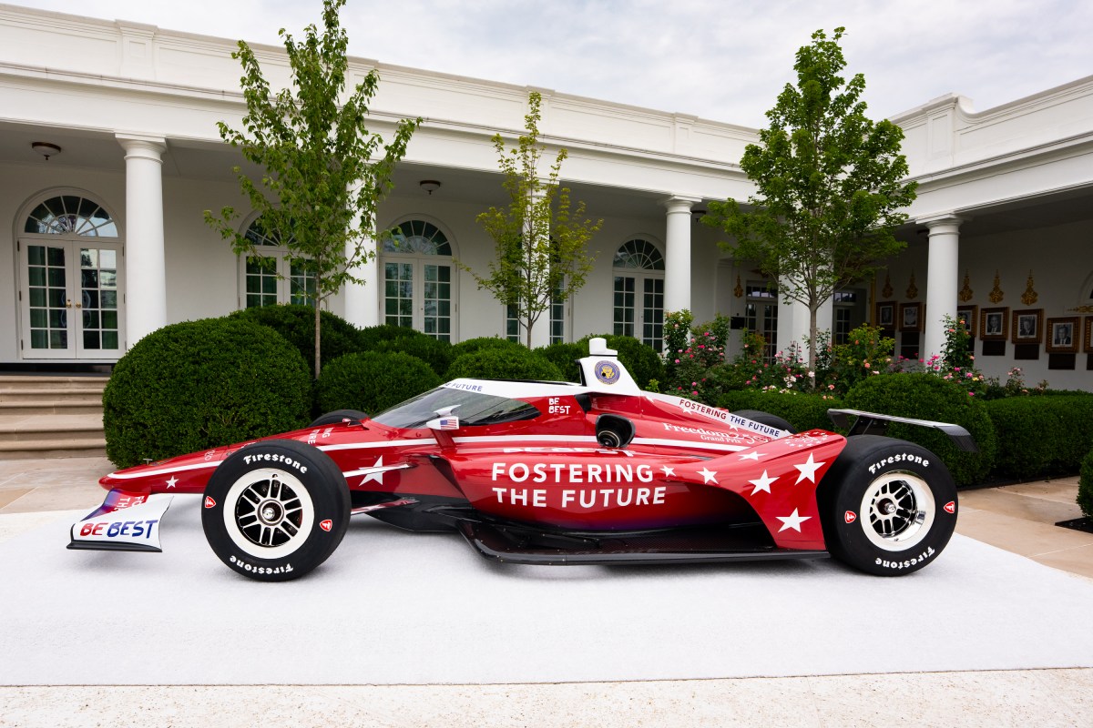 An IndyCar is moved into the Rose Garden, by a crane, in preparation for A Celebration of IndyCar’s Commitment to Fostering the Future event, Thursday, August 20, 2026, at the White House. (Official White House Photo by Andrea Hanks)