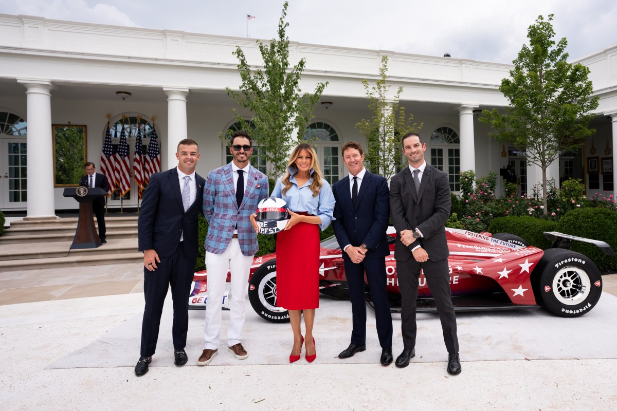 First Lady Melania Trump is presented a helmet by IndyCar drivers at A Celebration of IndyCar’s Commitment to Fostering the Future event, Thursday, August 20, 2026, in the Rose Garden of the White House. (Official White House Photo by Andrea Hanks)