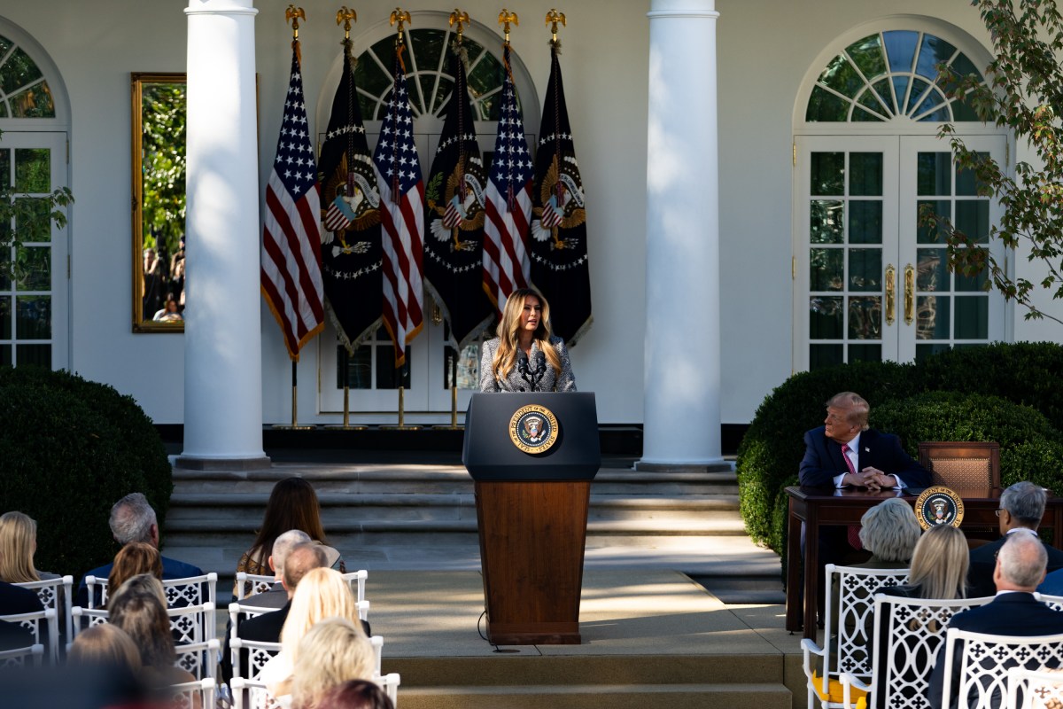 First Lady Melania Trump delivers remarks at an executive order signing on women’s health, Monday, October 19, 2026, in the White House Rose Garden. (Official White House Photo by Cashen Turner)