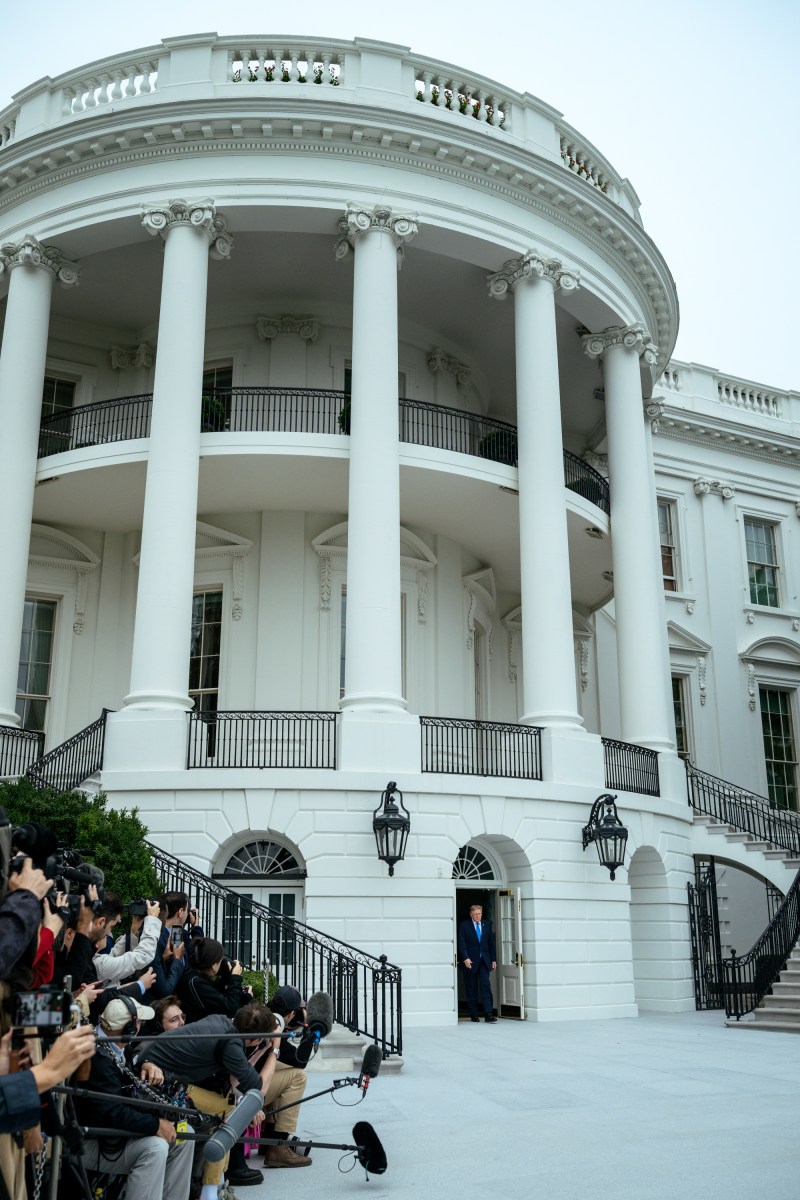 President Donald J. Trump speaks with members of the media on the South Lawn before boarding Marine One en route to Joint Base Andrews, Saturday, October 3, 2026. (Official White House Photo by Joyce N. Boghosian)