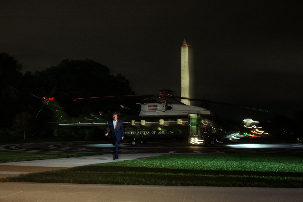 President Donald J. Trump disembarks Marine One on the South Lawn of the White House, Saturday, October 3, 2026, after a trip to Ohio. (Official White House Photo by Patrick Witty)