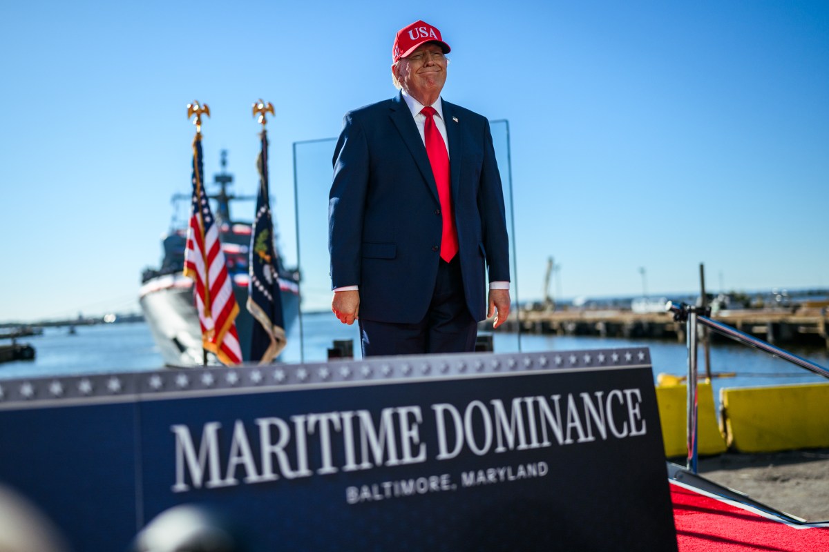 President Donald J. Trump delivers remarks on defense manufacturing investments by Anduril Industries to build a submarine and autonomous vessel shipyard at Sparrows Point, Baltimore, Maryland, Tuesday, October 6, 2026. (Official White House Photo by Daniel Torok)