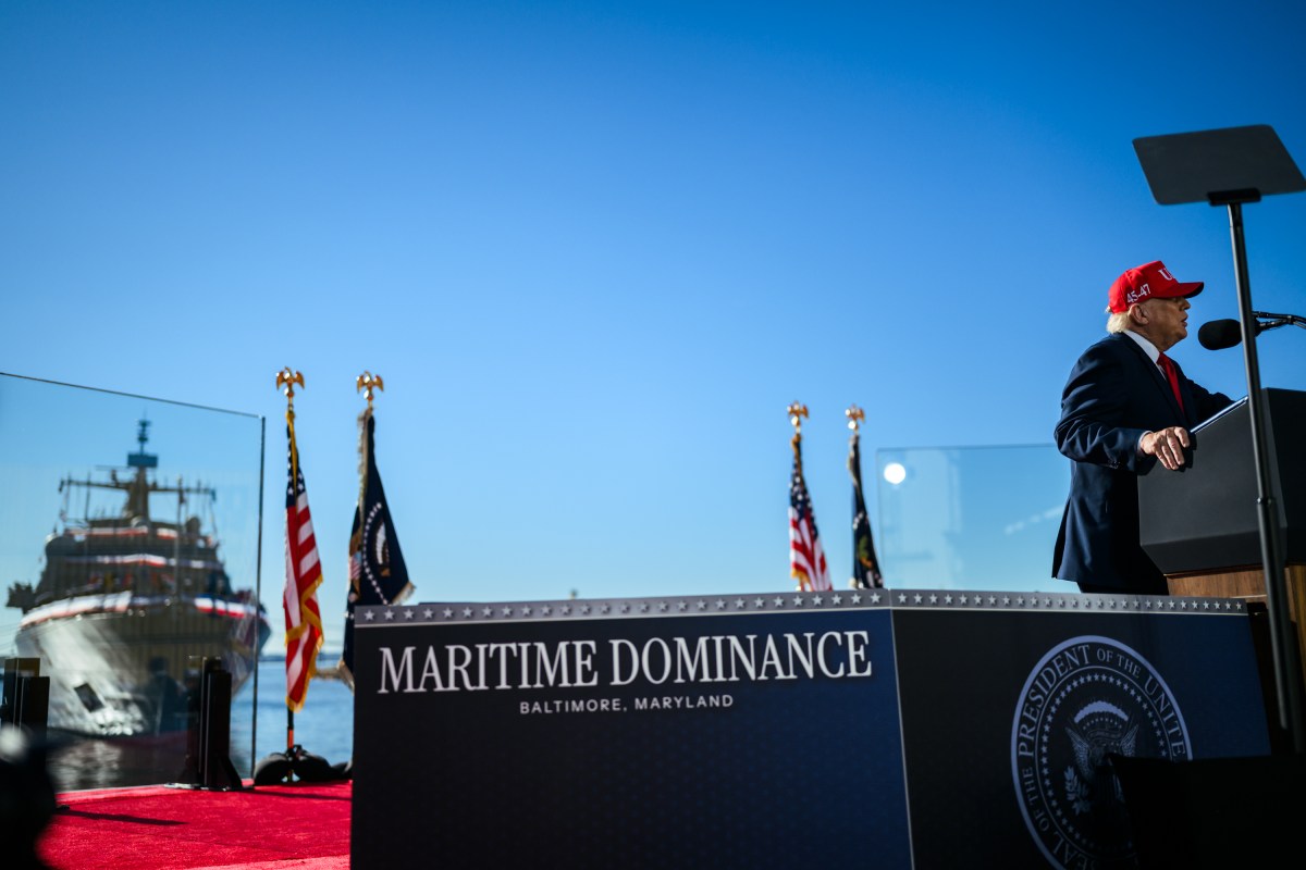 President Donald J. Trump delivers remarks on defense manufacturing investments by Anduril Industries to build a submarine and autonomous vessel shipyard at Sparrows Point, Baltimore, Maryland, Tuesday, October 6, 2026. (Official White House Photo by Daniel Torok)