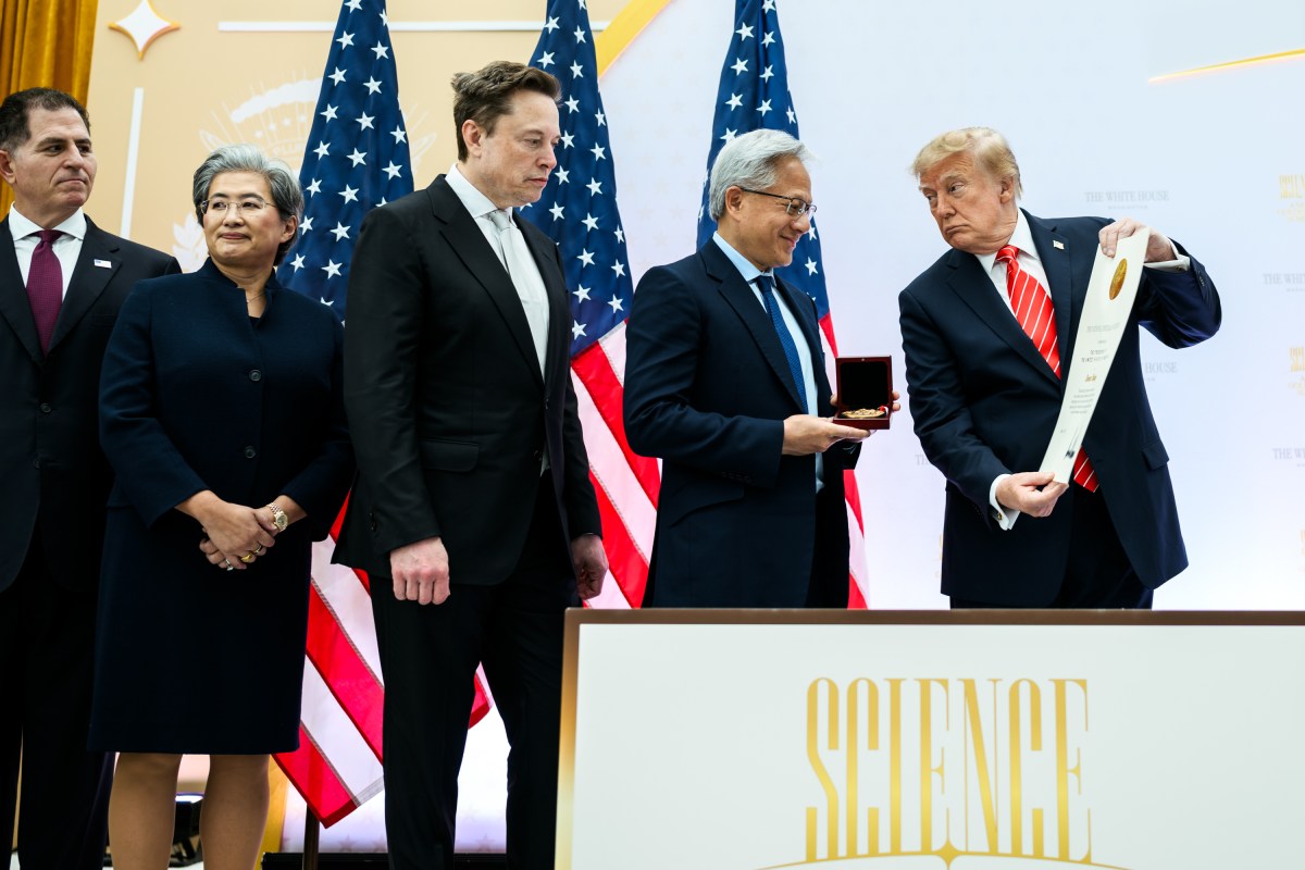 President Donald J. Trump presents the National Medal of Science to tech company leaders at a “New Golden Age” summit with tech and science leaders at the Donald J. Trump Institute of Peace in Washington, D.C., Thursday, October 8, 2026. (Official White House Photo by Daniel Torok)