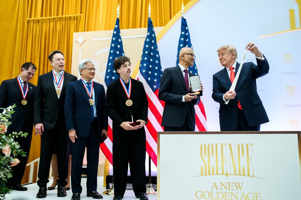 President Donald J. Trump presents the National Medal of Science to tech company leaders at a “New Golden Age” summit with tech and science leaders at the Donald J. Trump Institute of Peace in Washington, D.C., Thursday, October 8, 2026. (Official White House Photo by Daniel Torok)