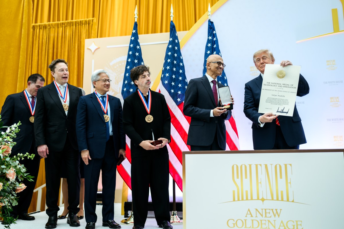 President Donald J. Trump presents the National Medal of Science to tech company leaders at a “New Golden Age” summit with tech and science leaders at the Donald J. Trump Institute of Peace in Washington, D.C., Thursday, October 8, 2026. (Official White House Photo by Daniel Torok)