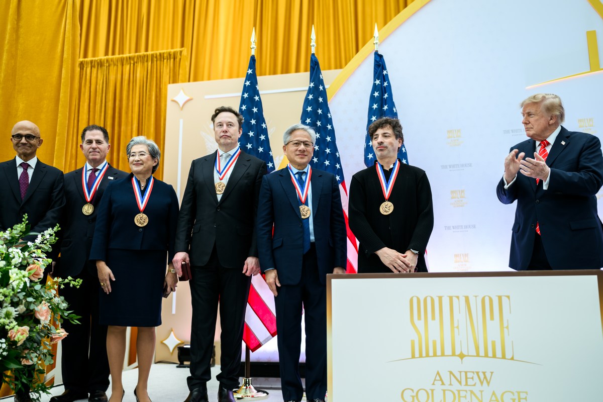 President Donald J. Trump presents the National Medal of Science to tech company leaders at a “New Golden Age” summit with tech and science leaders at the Donald J. Trump Institute of Peace in Washington, D.C., Thursday, October 8, 2026. (Official White House Photo by Daniel Torok)