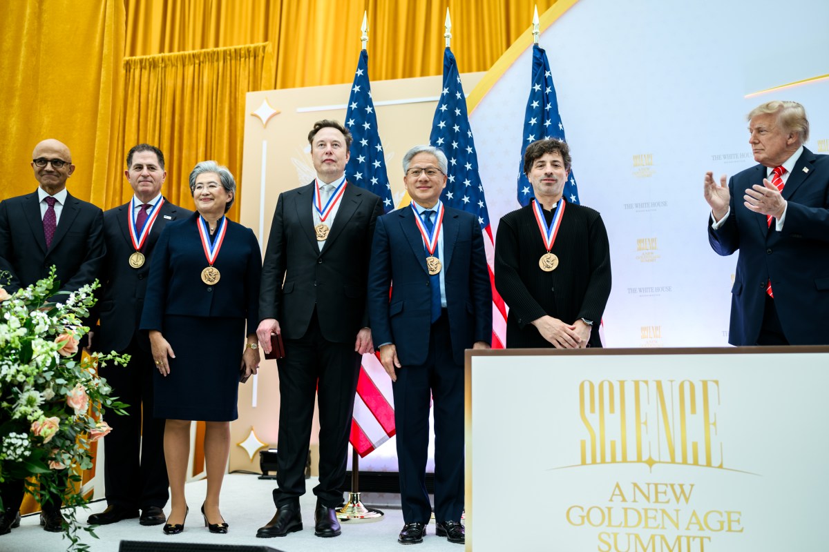 President Donald J. Trump presents the National Medal of Science to tech company leaders at a “New Golden Age” summit with tech and science leaders at the Donald J. Trump Institute of Peace in Washington, D.C., Thursday, October 8, 2026. (Official White House Photo by Daniel Torok)