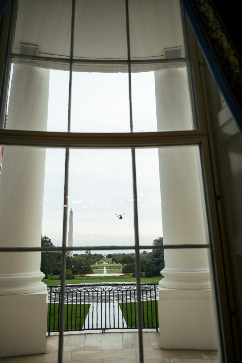 President Donald J. Trump and Mike Tyson board Marine One on the South Lawn of the White House, Friday, October 9, 2026, en route to Joint Base Andrews for a trip to Syracuse, New York. (Official White House Photo by Joyce N. Boghosian)