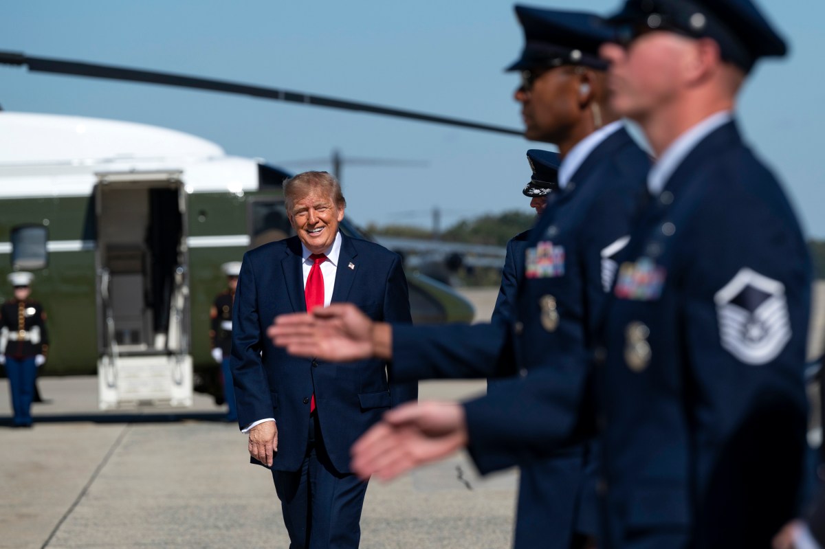 President Donald J. Trump disembarks Marine One at Joint Base Andrews, Maryland and speaks to the press before boarding Air Force One for a campaign trip to Port Huron, Michigan, Sunday, October 25, 2026. (Official White House photo by Joyce N. Boghosian)