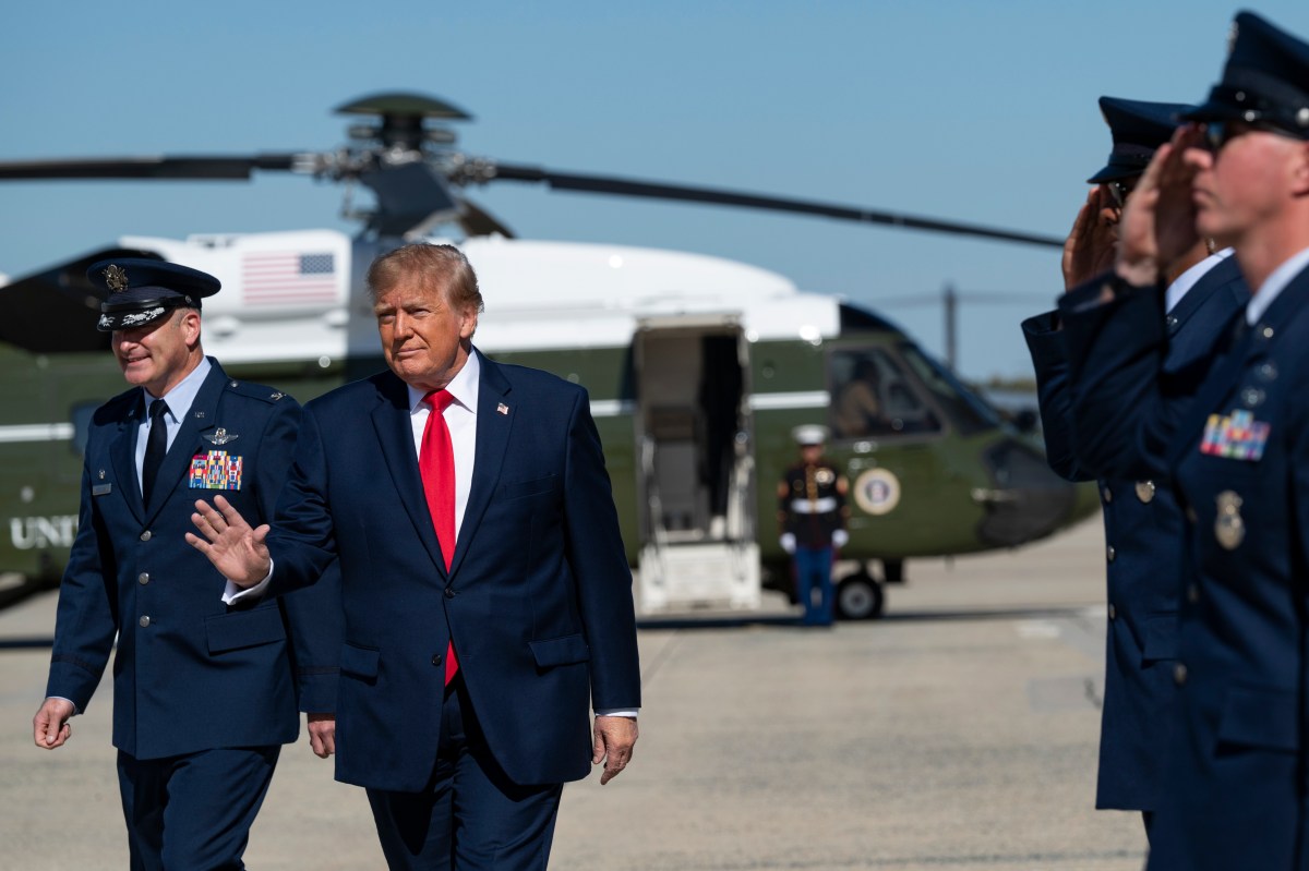 President Donald J. Trump disembarks Marine One at Joint Base Andrews, Maryland and speaks to the press before boarding Air Force One for a campaign trip to Port Huron, Michigan, Sunday, October 25, 2026. (Official White House photo by Joyce N. Boghosian)
