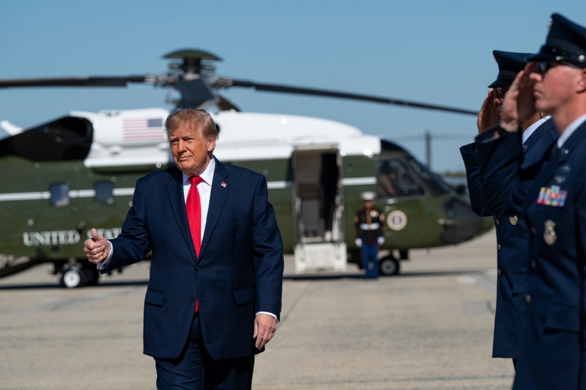 President Donald J. Trump disembarks Marine One at Joint Base Andrews, Maryland and speaks to the press before boarding Air Force One for a campaign trip to Port Huron, Michigan, Sunday, October 25, 2026. (Official White House photo by Joyce N. Boghosian)