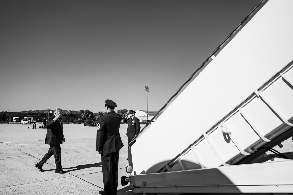 President Donald J. Trump disembarks Marine One at Joint Base Andrews, Maryland and speaks to the press before boarding Air Force One for a campaign trip to Port Huron, Michigan, Sunday, October 25, 2026. (Official White House photo by Joyce N. Boghosian)