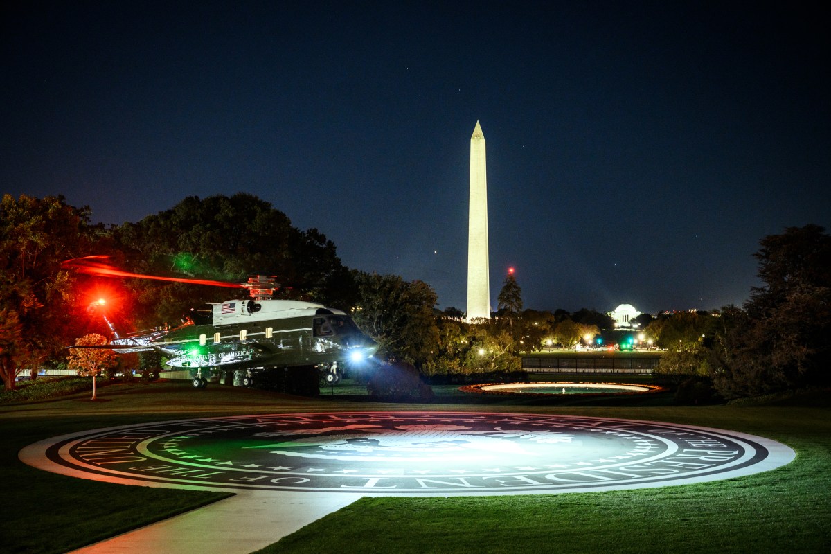 President Donald J. Trump disembarks Marine One on the South Lawn of the White House after a trip to Michigan for a midterm rally, Sunday, October 25, 2026. (Official White House Photo by Patrick Witty)