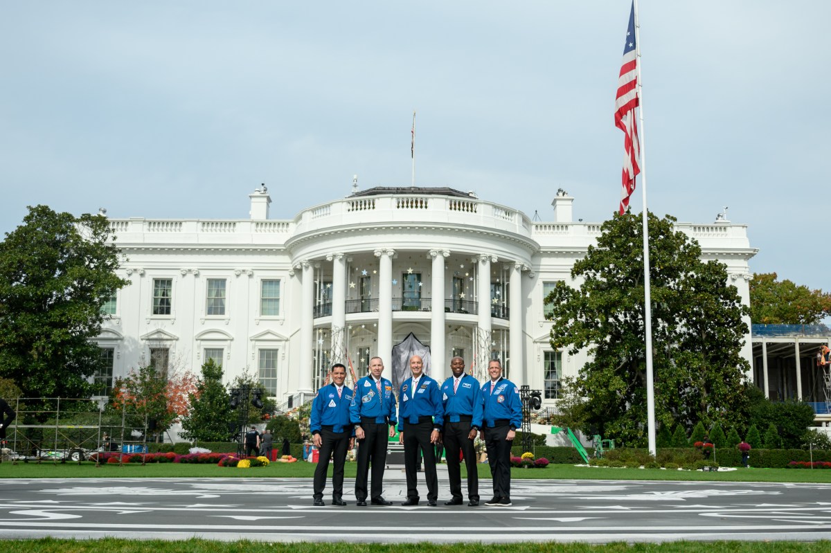 NASA Administrator Jared Isaacman and members of the Artemis III crew (Andre Douglas, Luca Parmitano, Randy Bresnik and Frank Rubio) pose for photos on the helipad on the South Lawn of the White House, Wednesday, October 28, 2026. (Official White House Photo by Molly Riley)