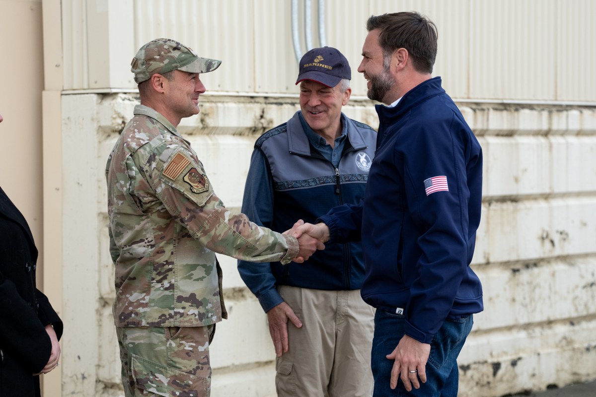Vice President JD Vance greets Col. Daniel Werner, 11th Airborne Commander, and Robin Werner at Hangar 3 at Elmendorf Air Force Base in Anchorage, Alaska as he arrives for a military engagement, Tuesday, October 6, 2026.(Official White House Photo by Emily J. Higgins)