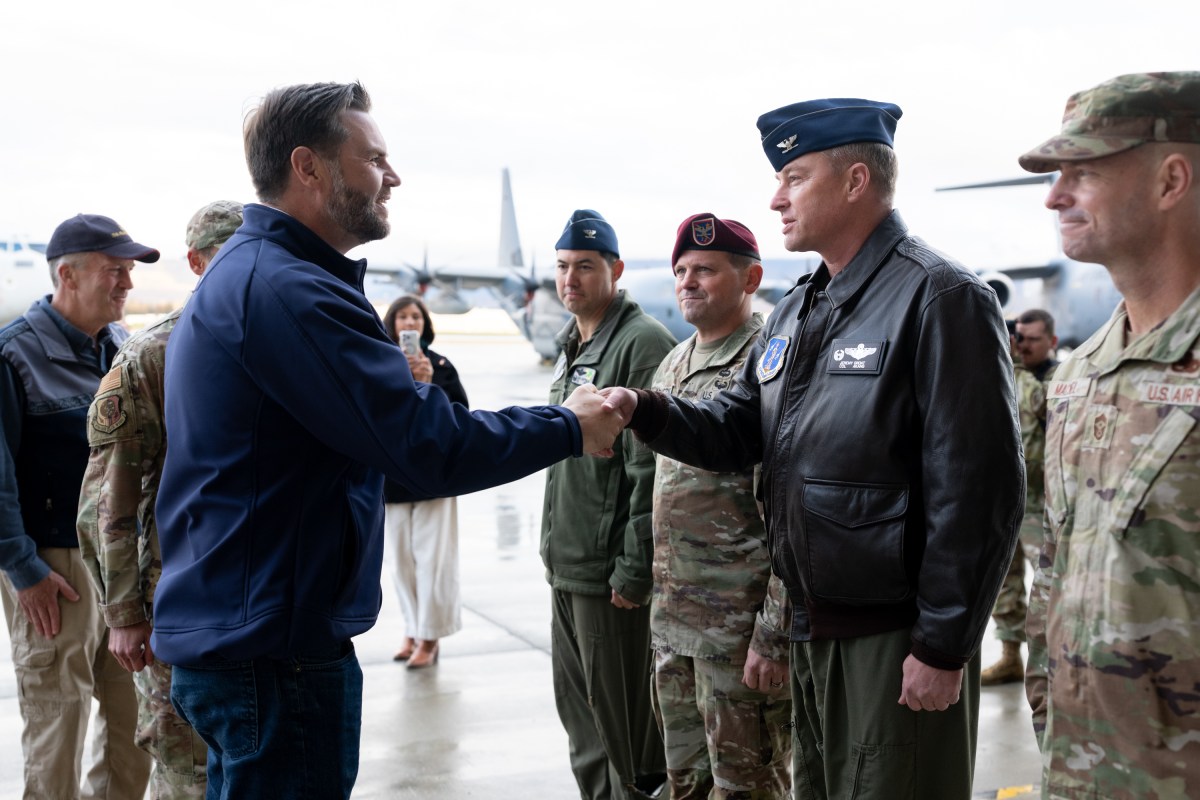Vice President JD Vance greets Col. Daniel Werner, 11th Airborne Commander, and Robin Werner at Hangar 3 at Elmendorf Air Force Base in Anchorage, Alaska as he arrives for a military engagement, Tuesday, October 6, 2026.(Official White House Photo by Emily J. Higgins)