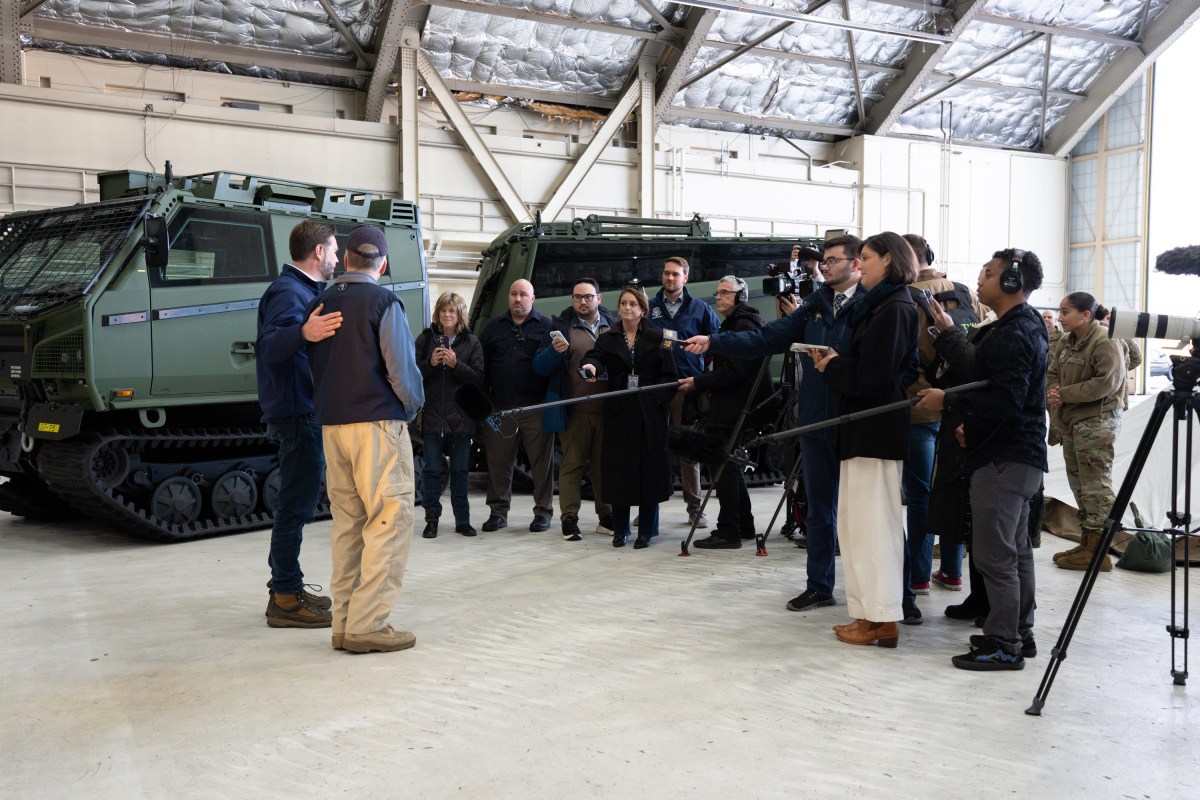 Vice President JD Vance participates in a press gaggle at a U.S. military capabilities showcase at Elmendorf Air Force Base in Anchorage, Alaska for a military engagement, Tuesday, October 6, 2026. (Official White House Photo by Emily J. Higgins)