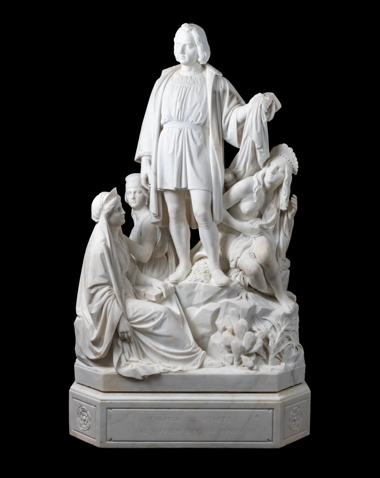 Nineteenth-century marble sculpture of Columbus drawing back a cloth, surrounded by allegorical figures of the continents